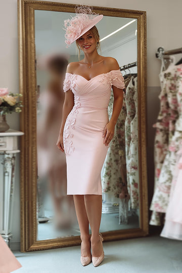 Blush Pink Off The Shoulder Midi Mother Of The Bride Dress With Appliques